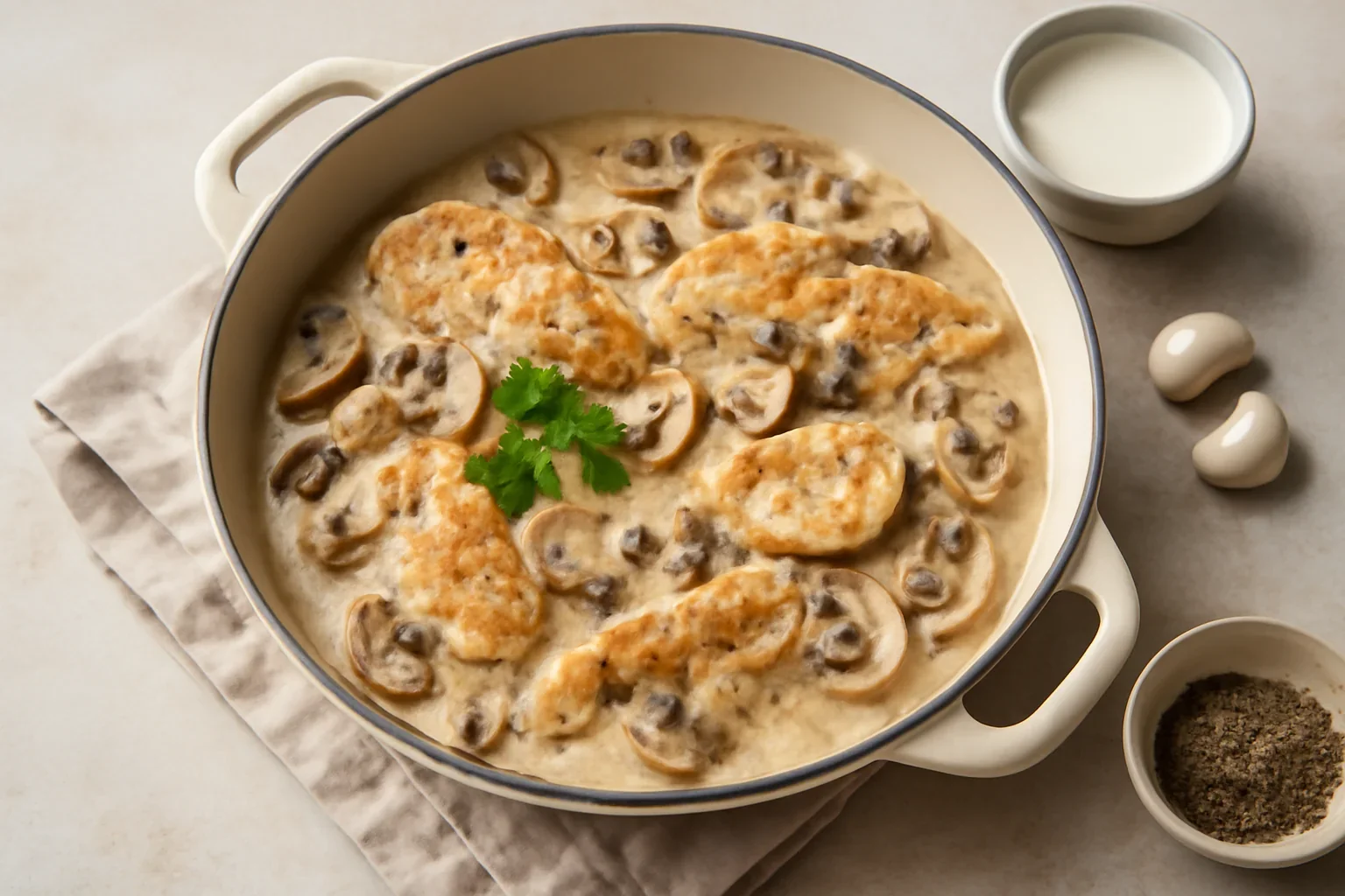 Escalop de pui cu ciuperci, cu grăsimi și calorii puține, rețetă simplă