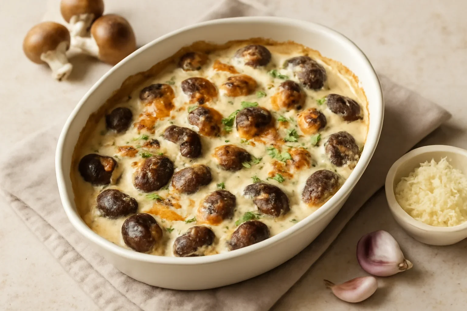 Ciuperci gratinate cu brânză și sos cremos de smântână cu usturoi – la cuptor