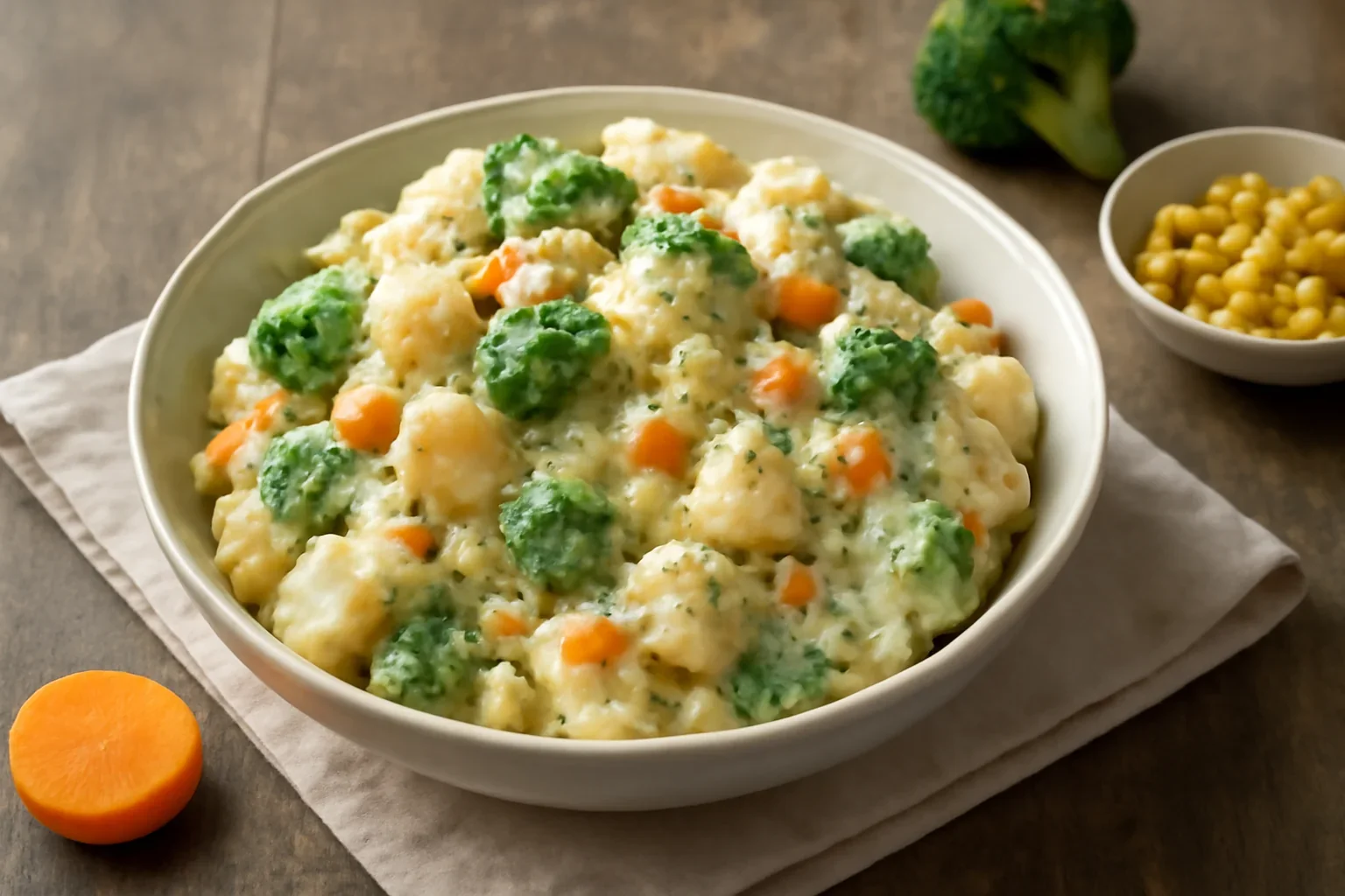 Salata de cartofi cu broccoli, morcovi si maioneza