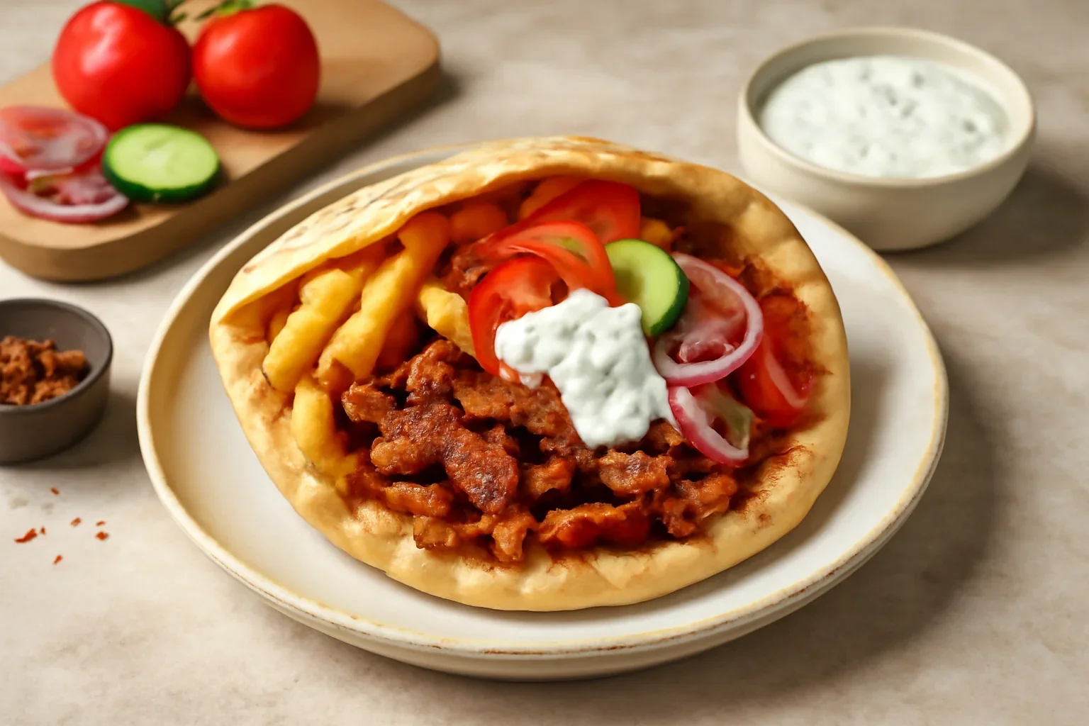 Gyros de casă cu carne de porc, pui sau miel, lipie și sos tzatziki – rețeta rapidă la tigaie grătar