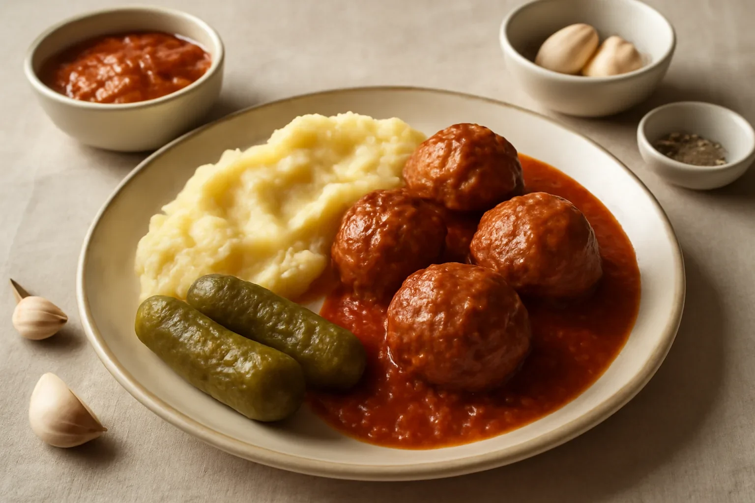 Chiftelute sau burgeri in sos, cu piure de cartofi si muraturi
