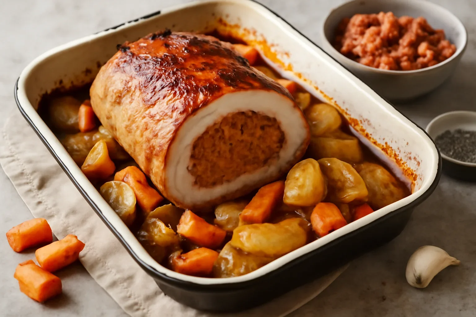 Friptură la cuptor din cotlet de porc umplut cu pastă de cârnați