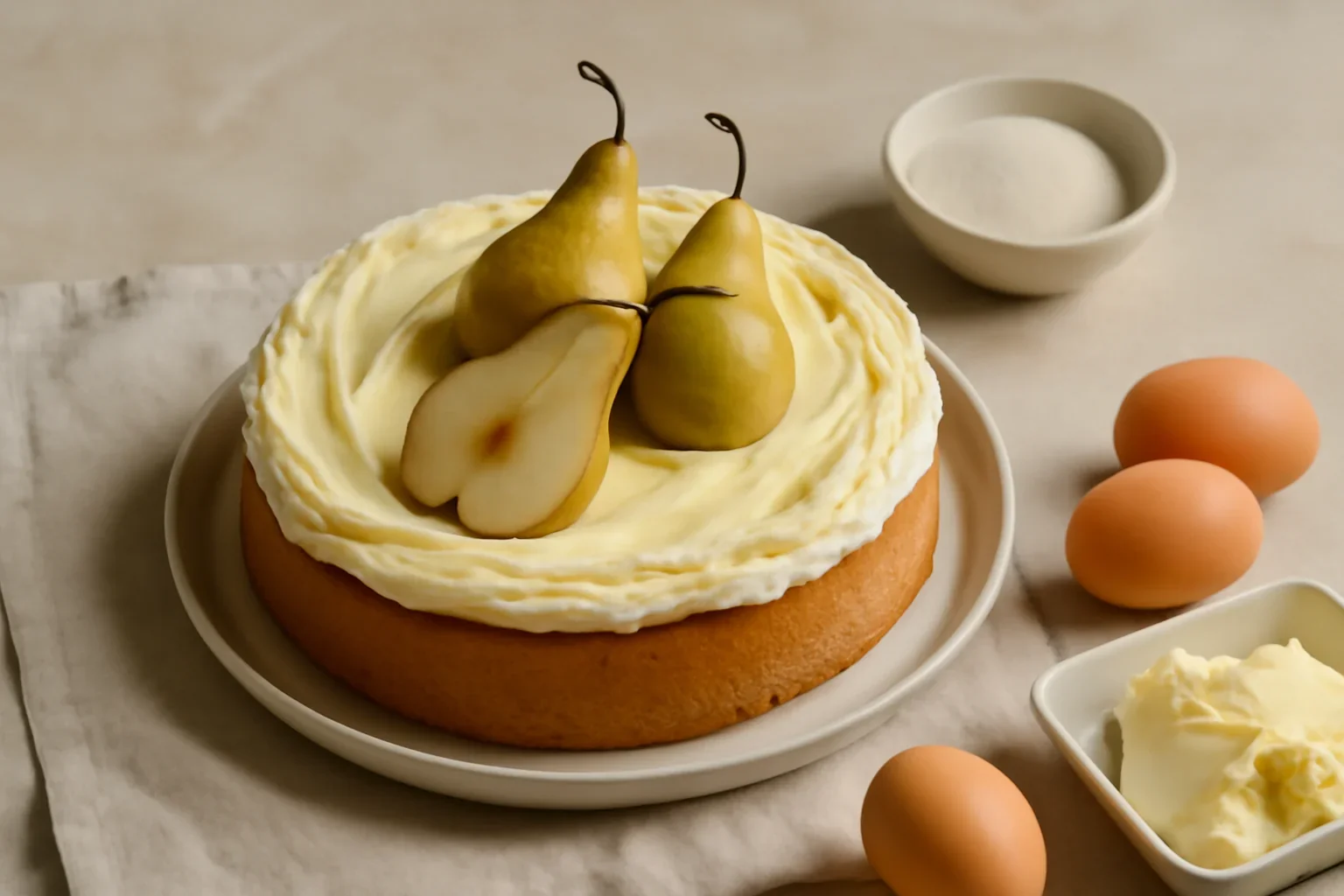 Tarta pufoasa cu crema de unt si oua, decorata cu pere