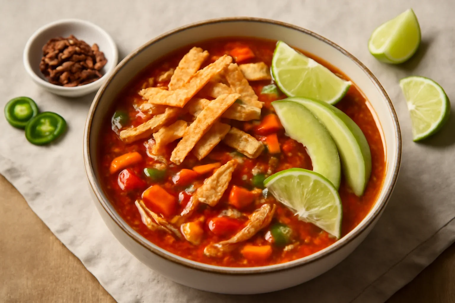 Supa mexicană cu lime, pui și tortilla crocantă