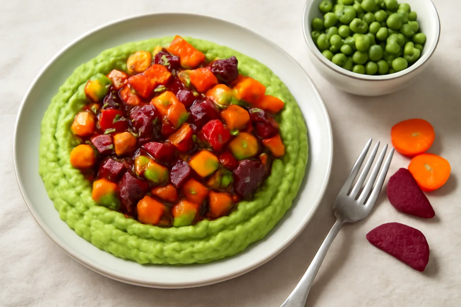 Piure de mazăre cu salată caldă de legume