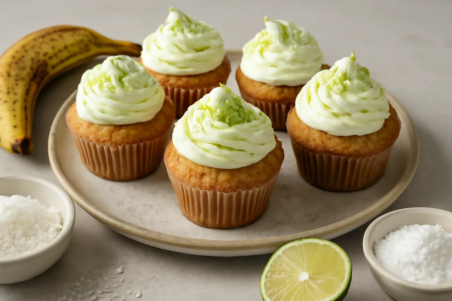 Cupcakes briose cu banane, cocos si lime cu topping de crema de branza (cream cheese)