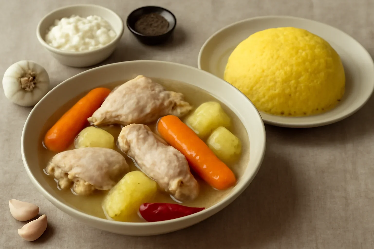 Rasol din carne de pasare cu mamaliga si mujdei, reteta traditionala