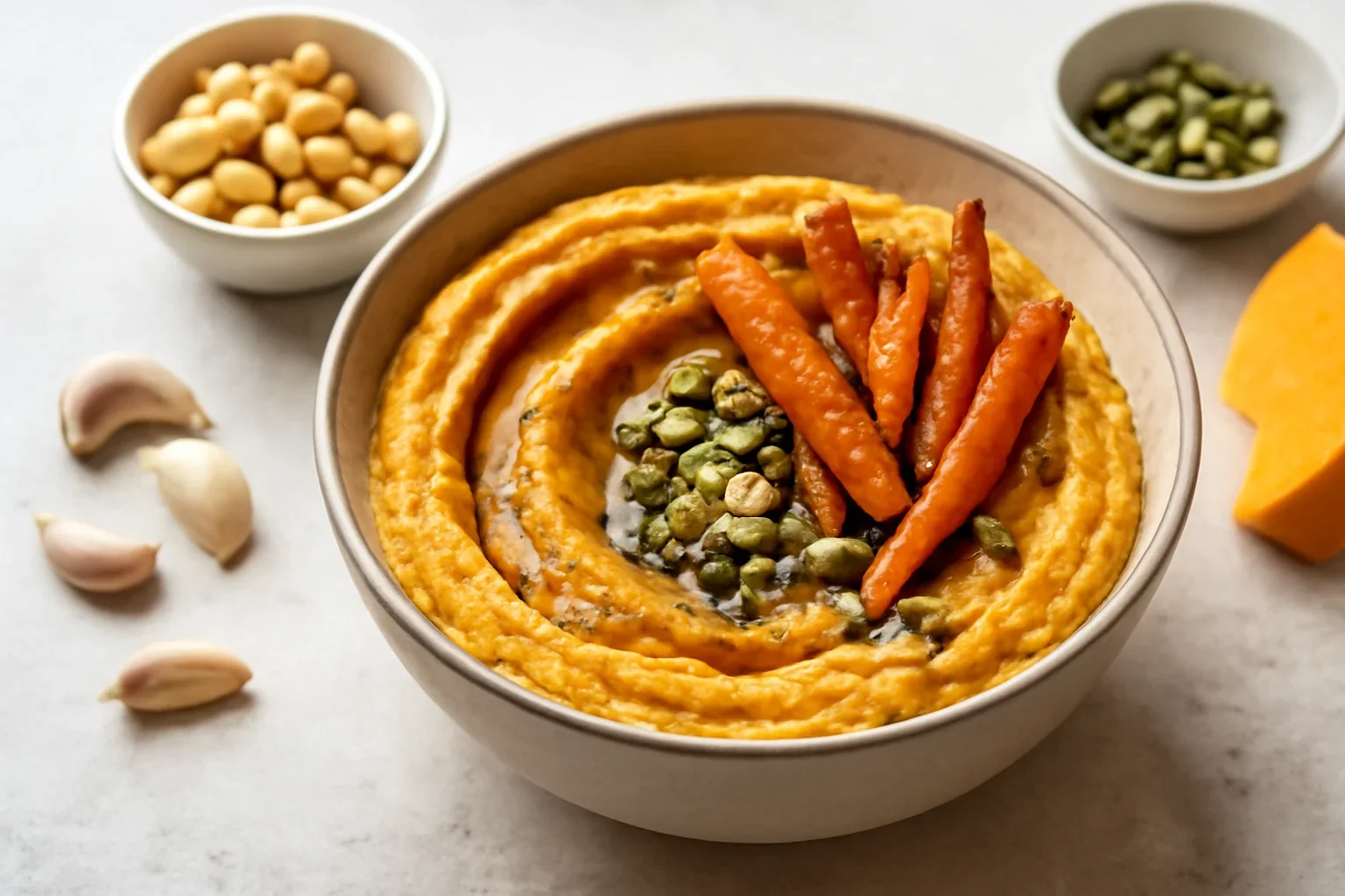 Hummus cu dovleac copt și morcovi rumeniți – rețeta de pastă de năut de post (vegană)