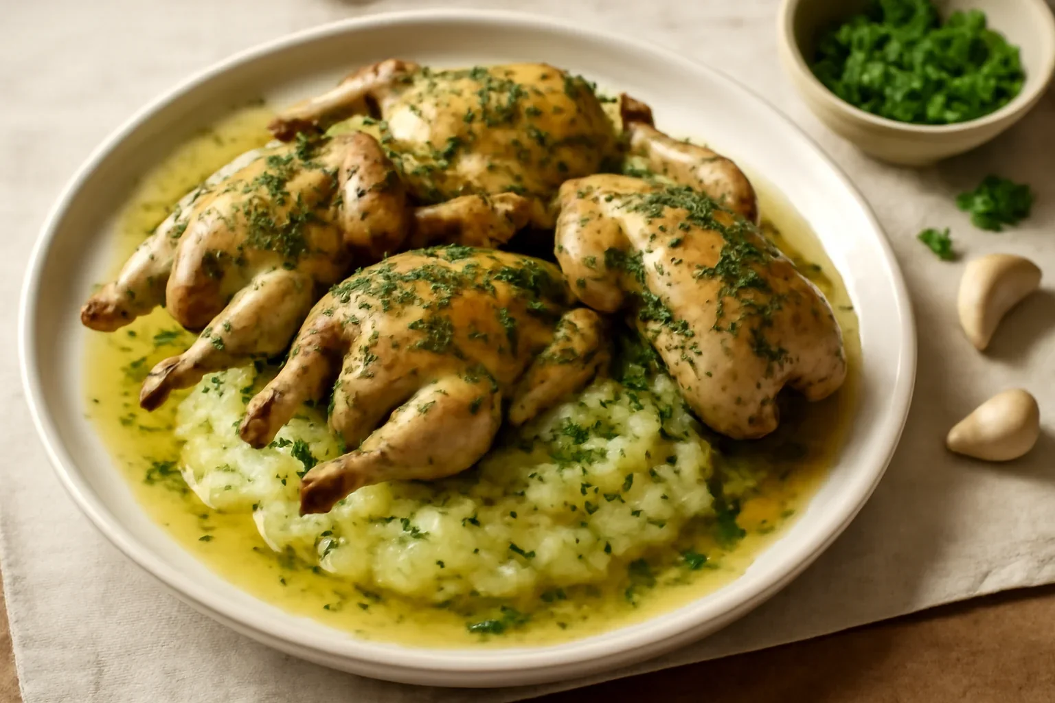 Pui de primăvară cu ierburi aromatice și piure de cartofi