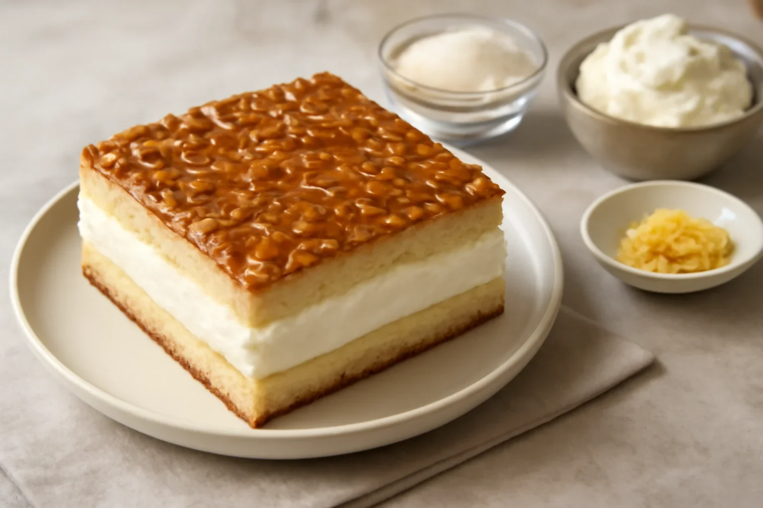 Prăjitură cu cremă de vanilie și frișcă cu glazură caramel – rețeta de Bienenstich sau Înțepătură de albină