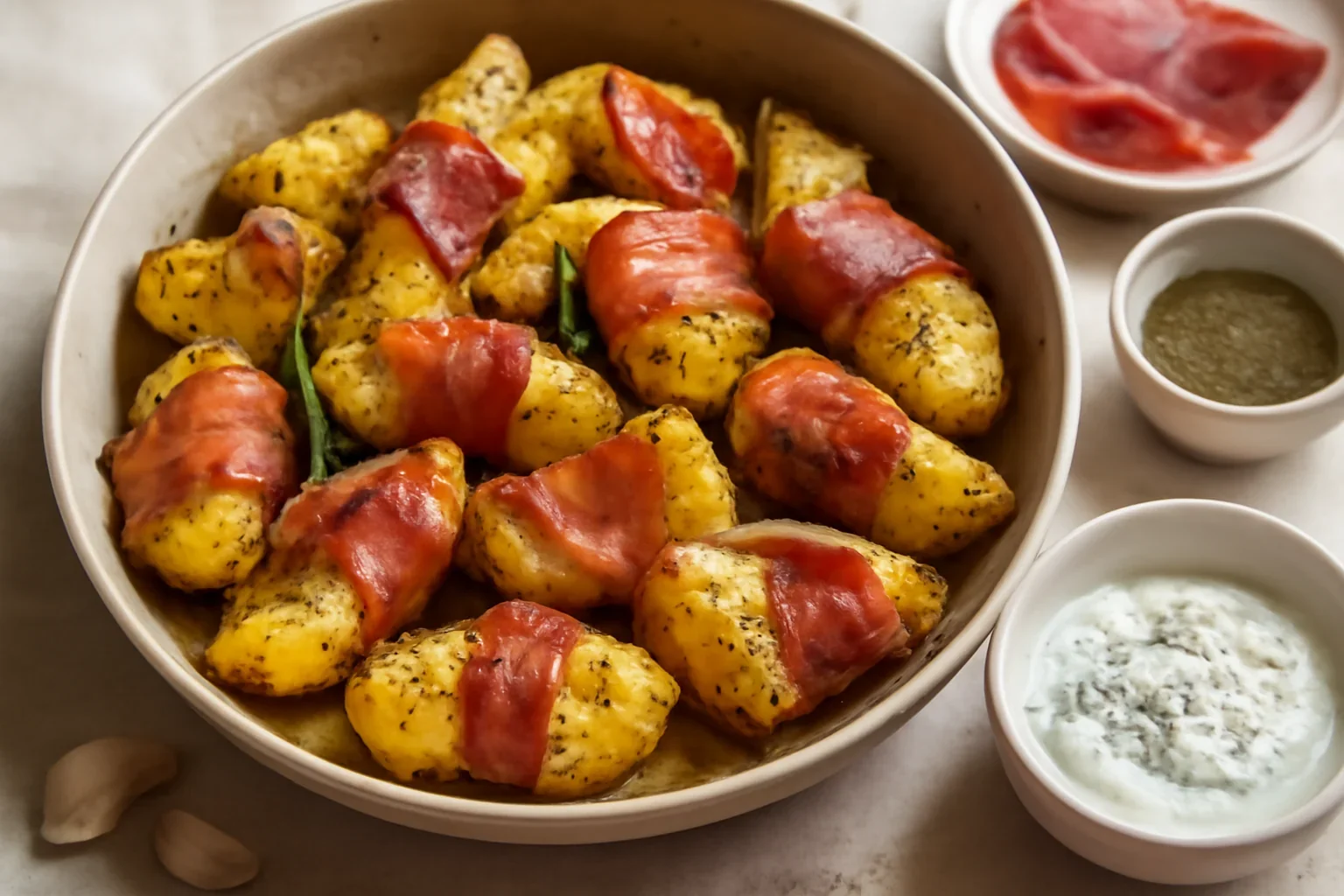 Cartofi cu prosciutto si sos de iaurt cu usturoi