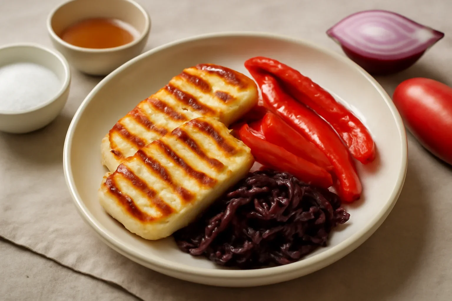 Haloumi la gratar cu ardei kapia si ceapa caramelizata