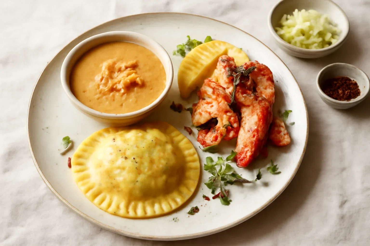 Trio cu homar: raviolo, bisque si sauté