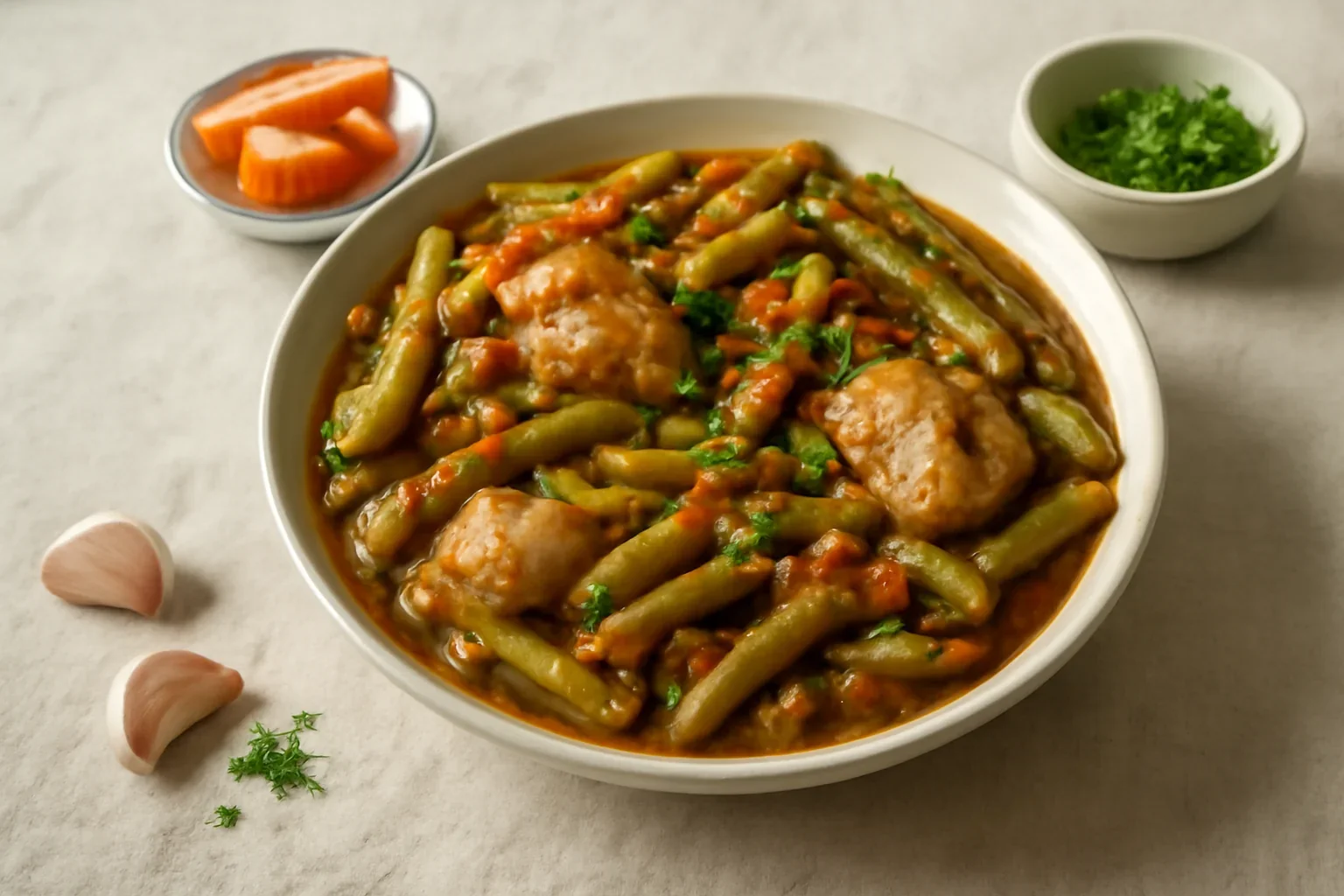 Mancare de pui cu fasole pastai, teci, cu rosii si usturoi