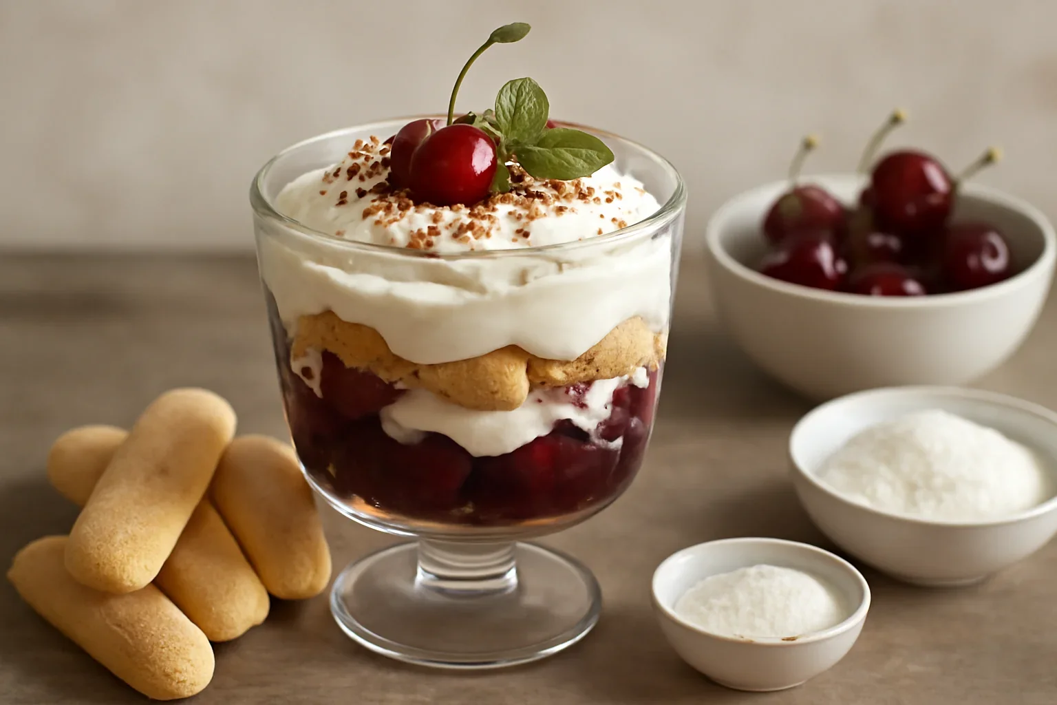 Desert la pahar cu piscoturi, frisca, mascarpone si cirese