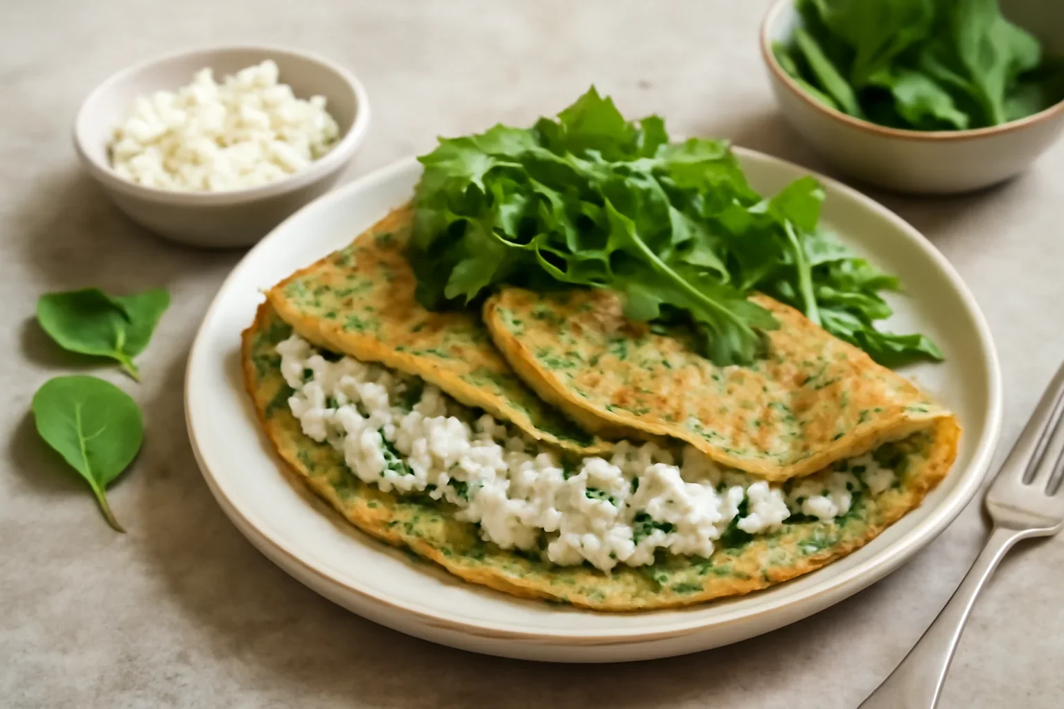 Clătite cu spanac, brânză de vaci, brânză balcanică și rucola