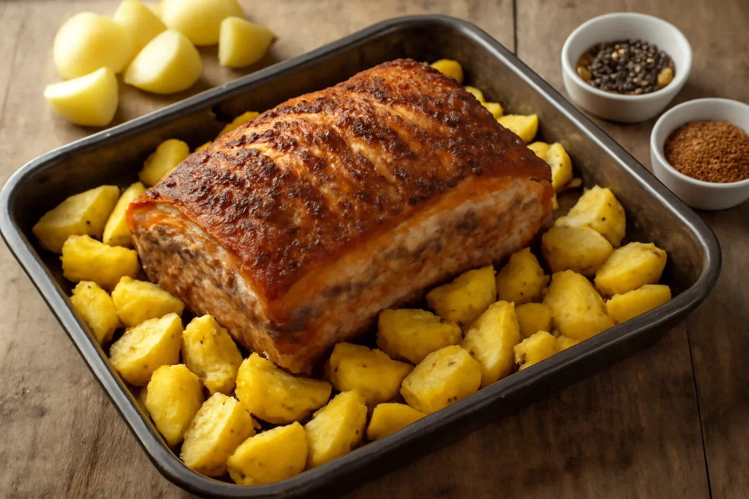 Friptura de porc la tava cu cartofi copti