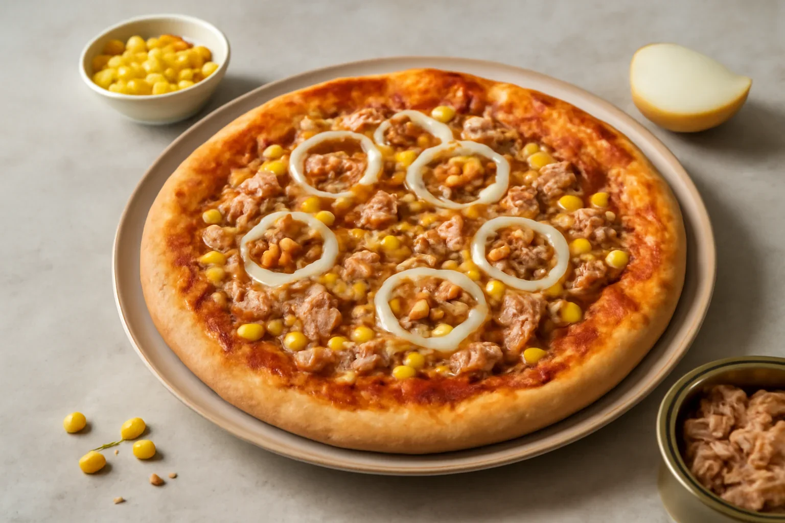 Pizza cu ton, ceapa si porumb