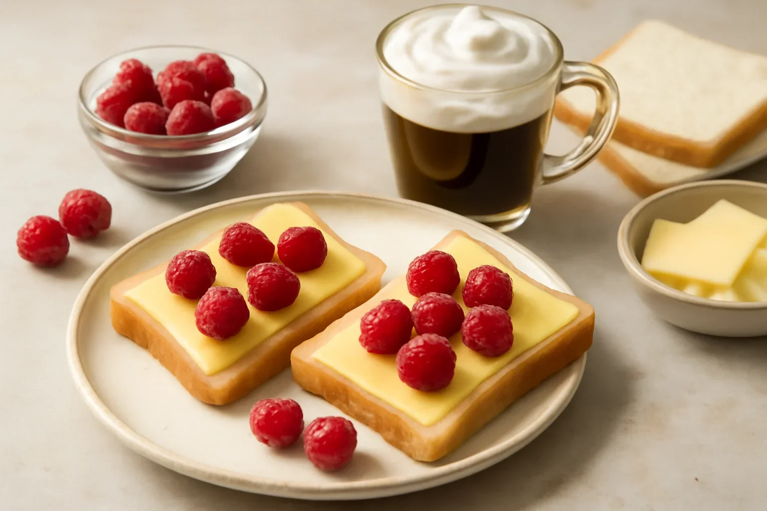 Sandvisuri cu branza Gouda si zmeura si cafea cu frisca