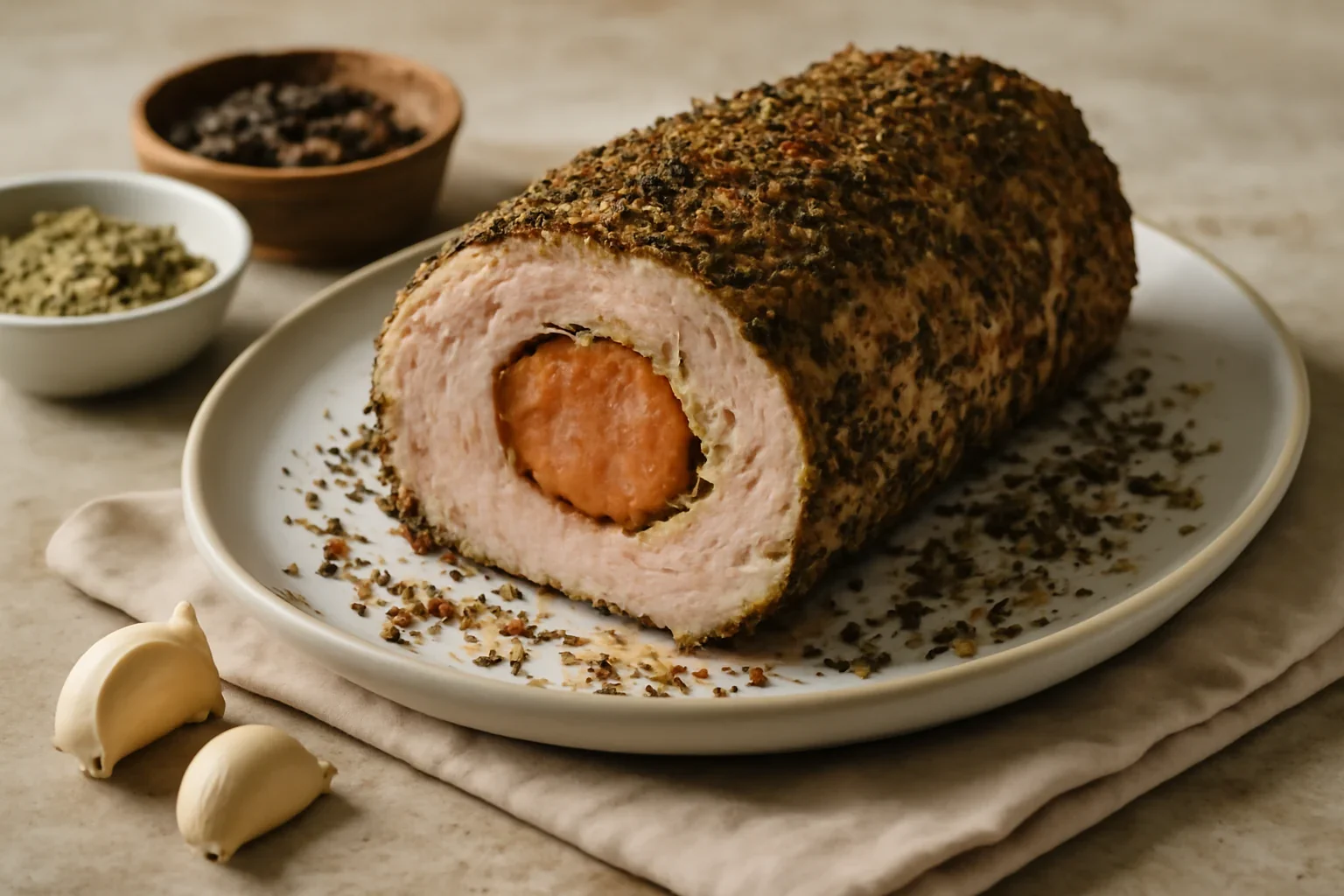 Muschiulet de porc umplut cu carnat afumat, in crusta de ierburi cu piper