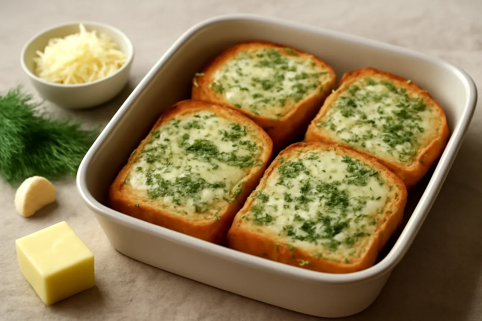 Aperitiv din paine toast cu usturoi, mozzarella si marar