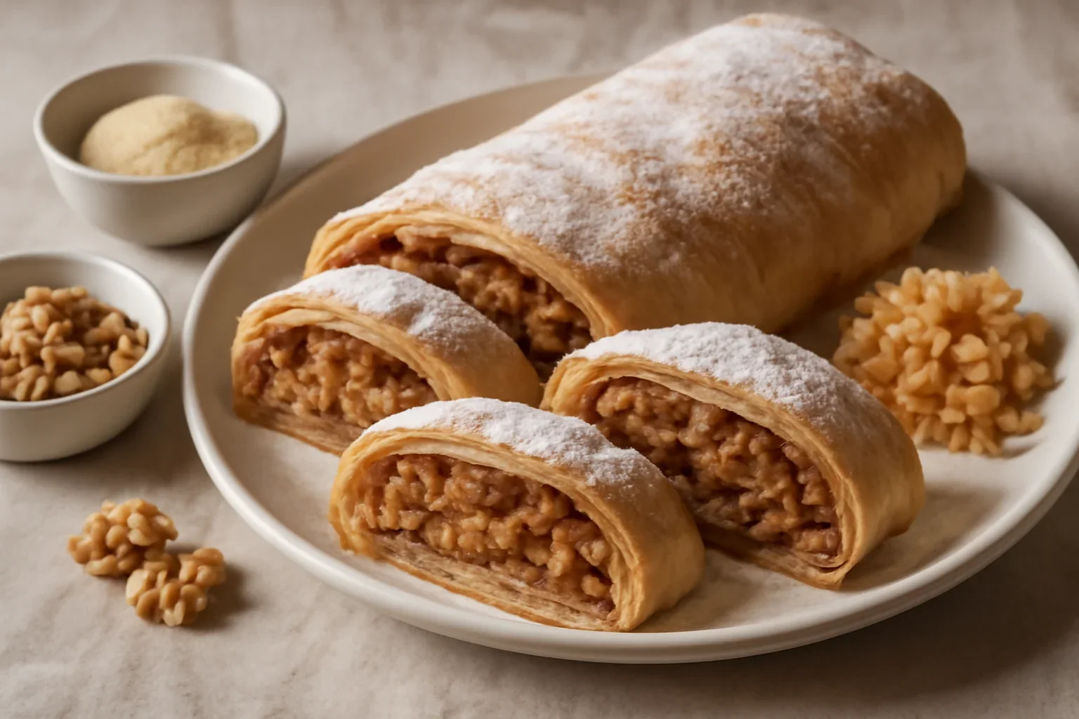 Strudel cu mere rase, nuci, scortisoara si foi subtiri