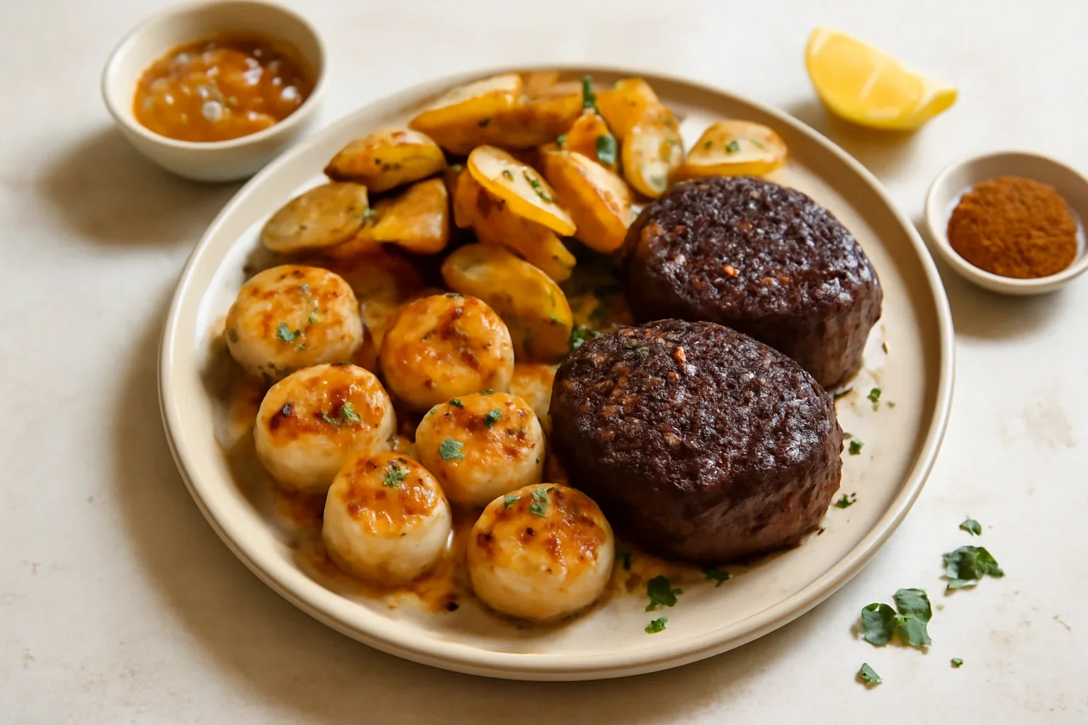 Surf and turf, scoici Saint Jacques si friptura de vita