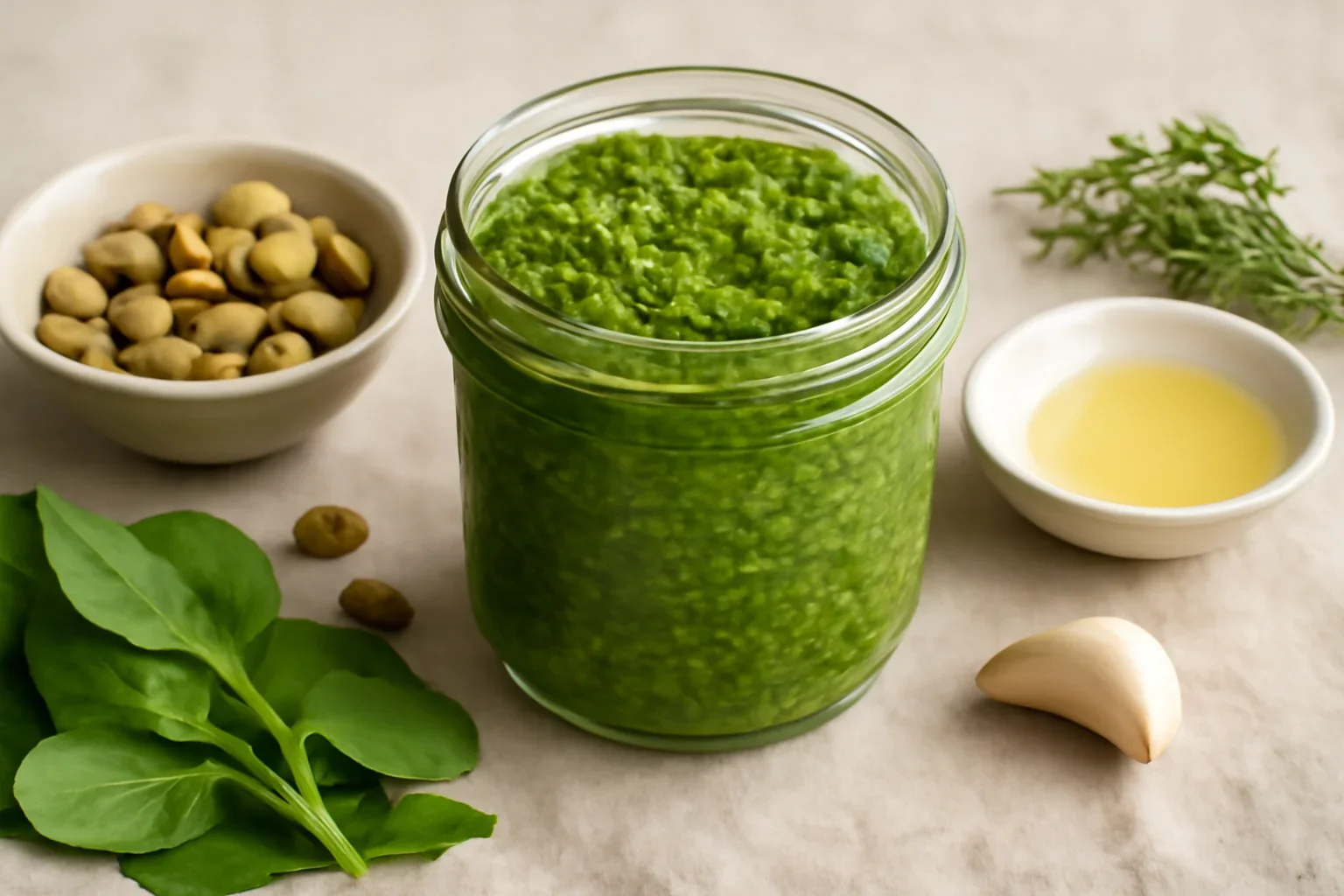 Pesto de cimbru cu fistic și spanac