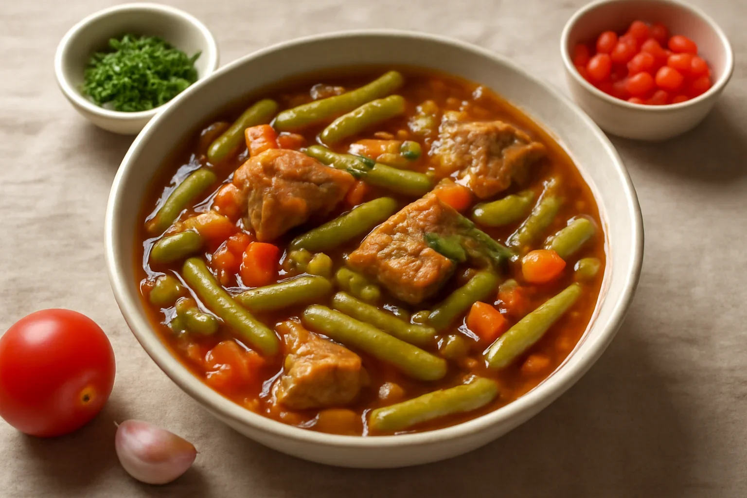 Mâncare de fasole verde păstăi cu carne de porc