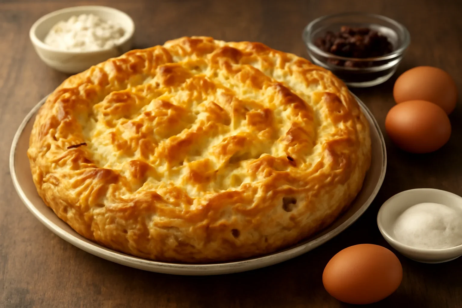 Placinta dobrogeana creata cu branza dulce si stafide