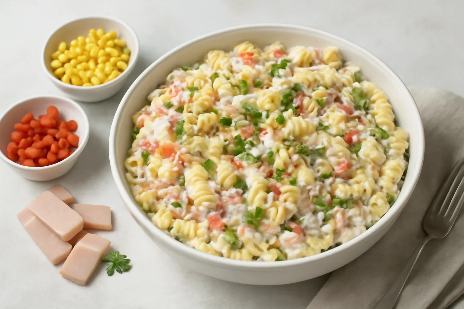 Salată de paste cu șuncă și cașcaval – rețeta cu dressing cremos fără maioneză