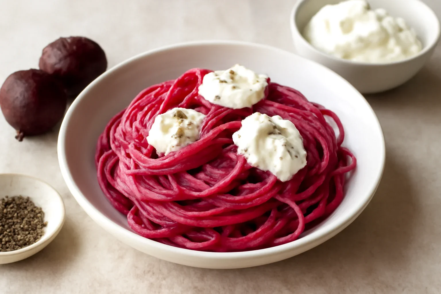 Spaghete cu crema de sfecla rosie si branza
